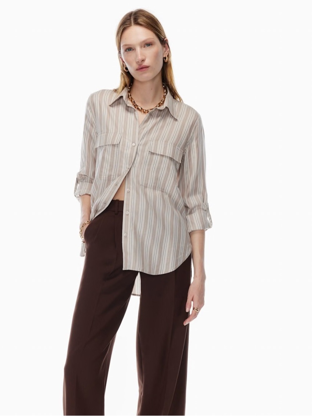 Aritzia Babaton beige and white Striped utility Button-Down Shirt XS